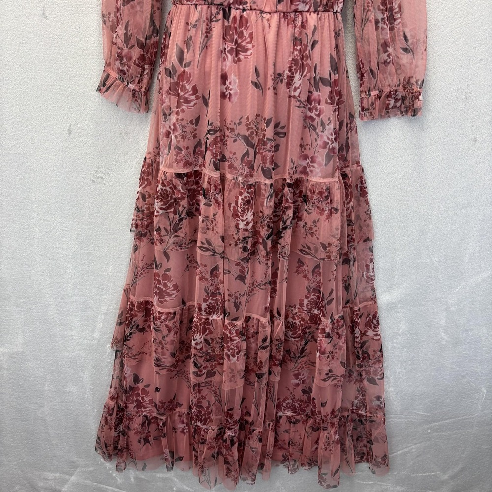 Candalite Sheer Tiered Maxi Dress Womens M Pink Floral Whimsical Romantic Flowy - Picture 8 of 14